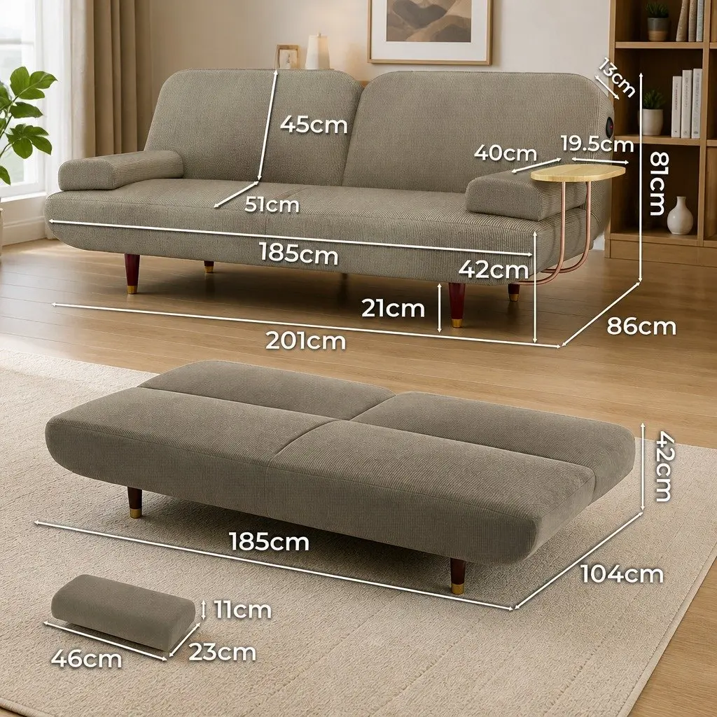 Convertible Sofa Bed Corduroy Fabric 3 Seater Khaki with Adjustable Backrest Side Table and USB Charging Port