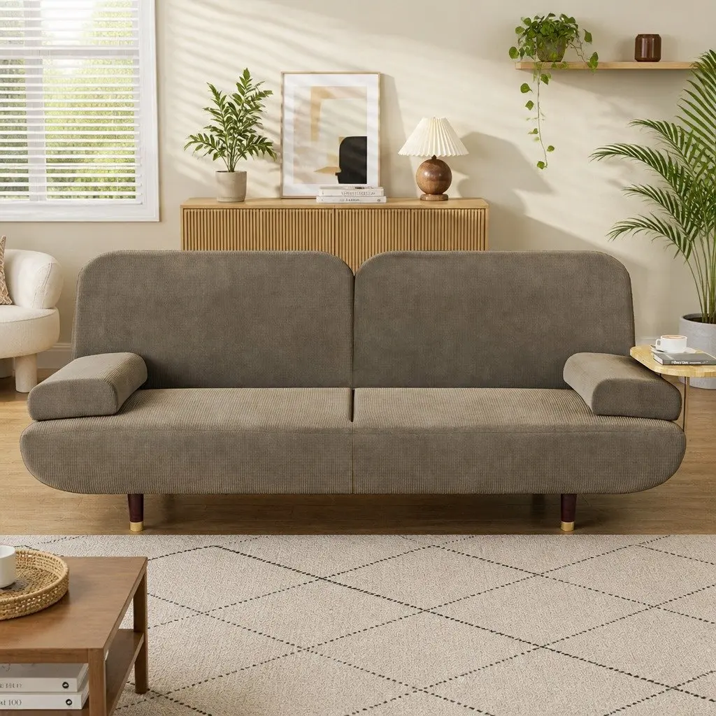 Convertible Sofa Bed Corduroy Fabric 3 Seater Khaki with Adjustable Backrest Side Table and USB Charging Port