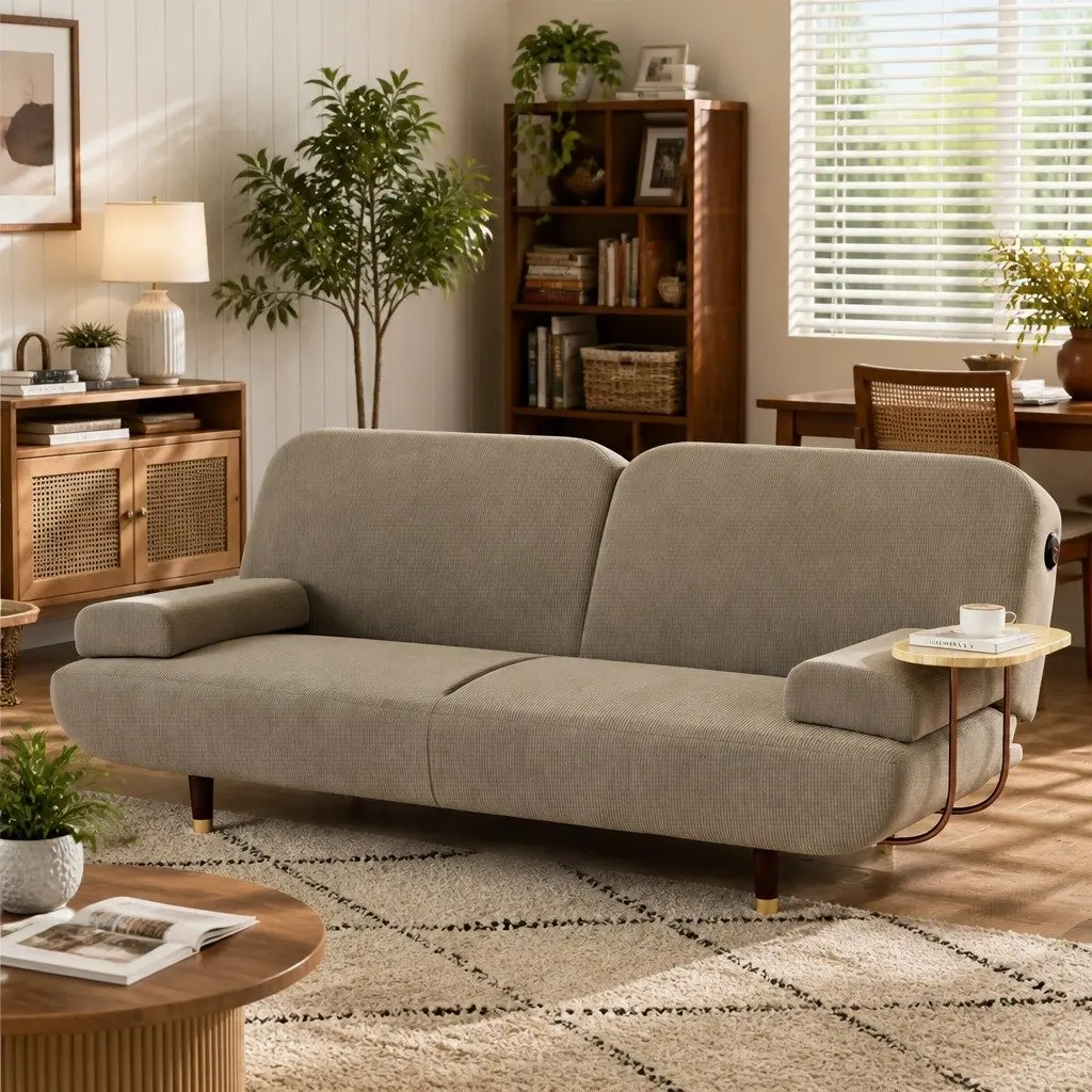 Convertible Sofa Bed Corduroy Fabric 3 Seater Khaki with Adjustable Backrest Side Table and USB Charging Port