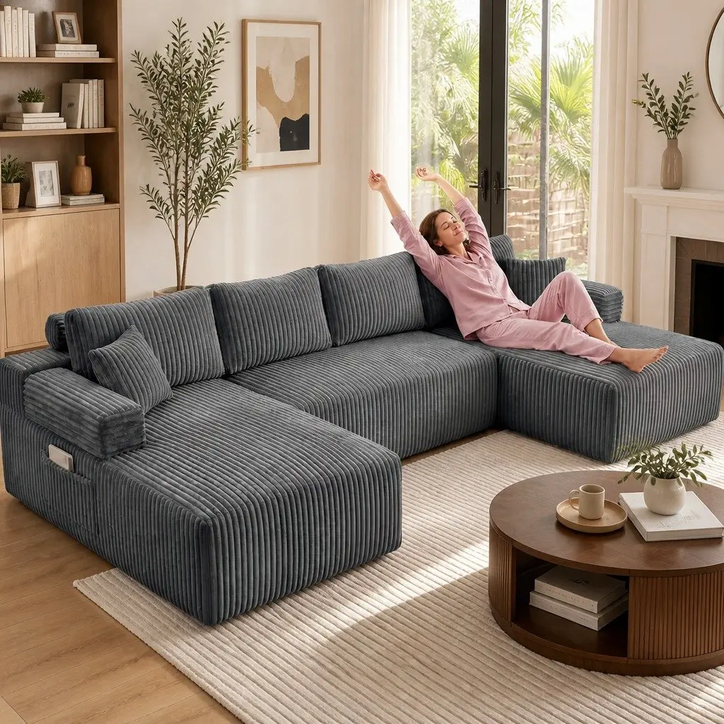 Modular Sectional Sofa Lounge U Shaped Corduroy Cloud Couch Grey Convertible