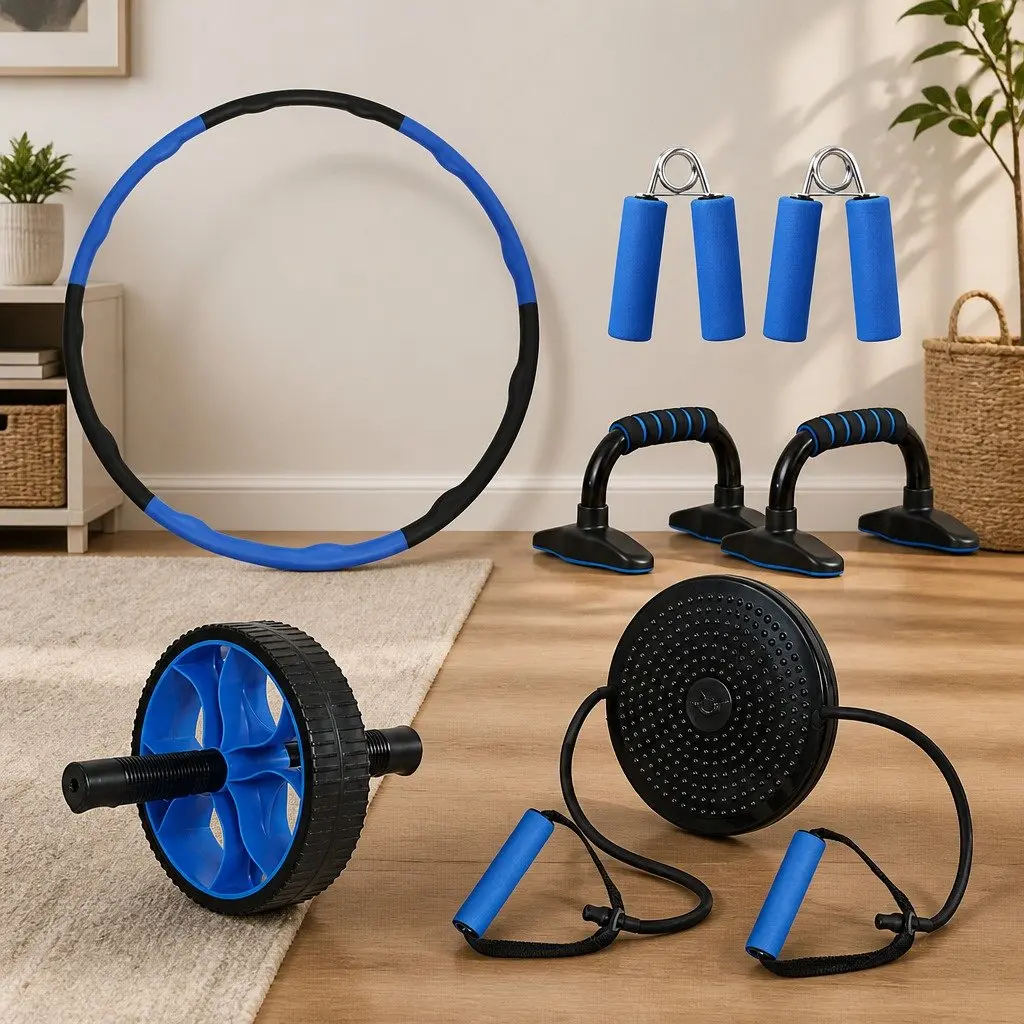 5in1exerciseequipmentsetabrollerhandgrippershulahooppushupbarswaisttwistingdiscblueblack