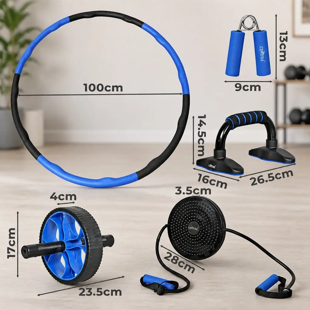 5in1exerciseequipmentsetabrollerhandgrippershulahooppushupbarswaisttwistingdiscblueblack
