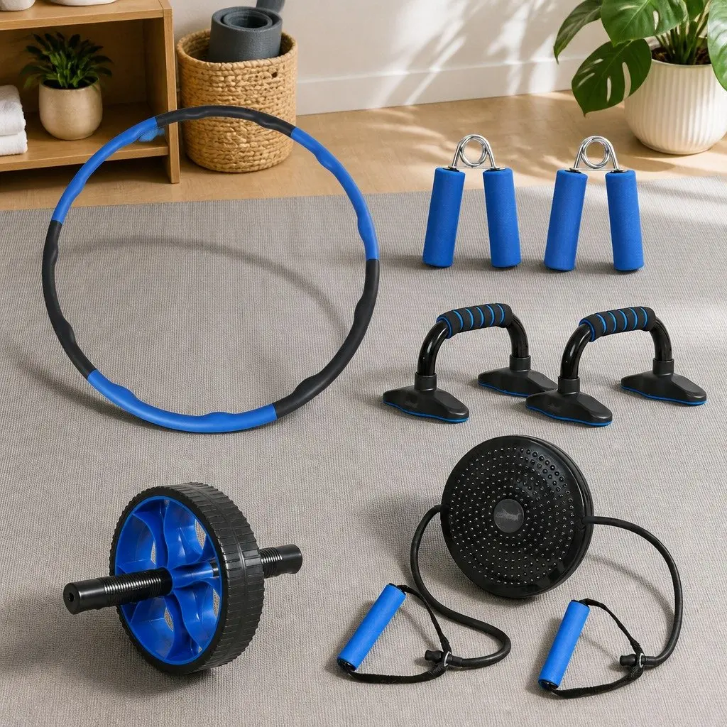 5in1exerciseequipmentsetabrollerhandgrippershulahooppushupbarswaisttwistingdiscblueblack