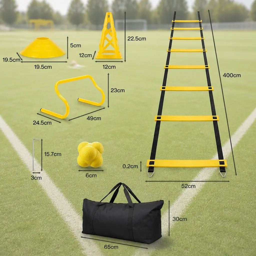 39PieceAgilityTrainingKitYellowAdjustableLadderDetachableHurdlesTrafficConesReactionBallforSpeedandCoordinationDrills