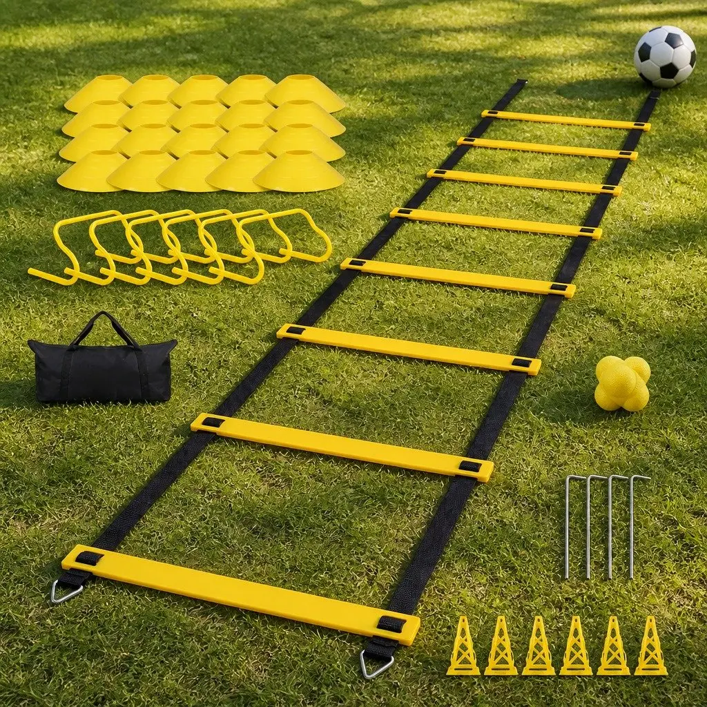 39PieceAgilityTrainingKitYellowAdjustableLadderDetachableHurdlesTrafficConesReactionBallforSpeedandCoordinationDrills