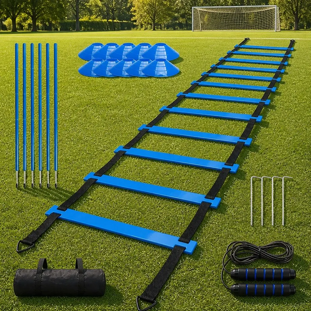 Agility Training Set 6m Ladder 6 Poles 10 Cones 2.8m Jump Rope Blue and Black