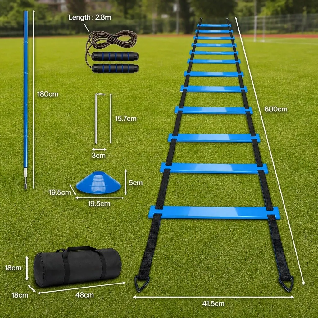 Agility Training Set 6m Ladder 6 Poles 10 Cones 2.8m Jump Rope Blue and Black