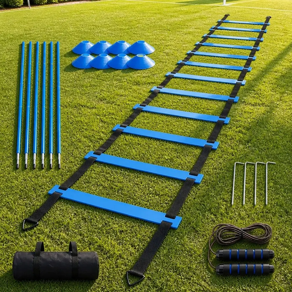 Agility Training Set 6m Ladder 6 Poles 10 Cones 2.8m Jump Rope Blue and Black