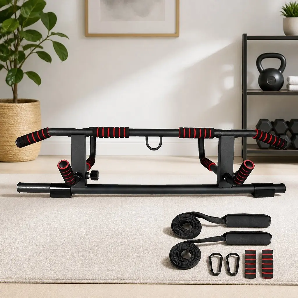 Pull Up Bar Carbon Steel Multi Grip Doorway Installation Black and Red