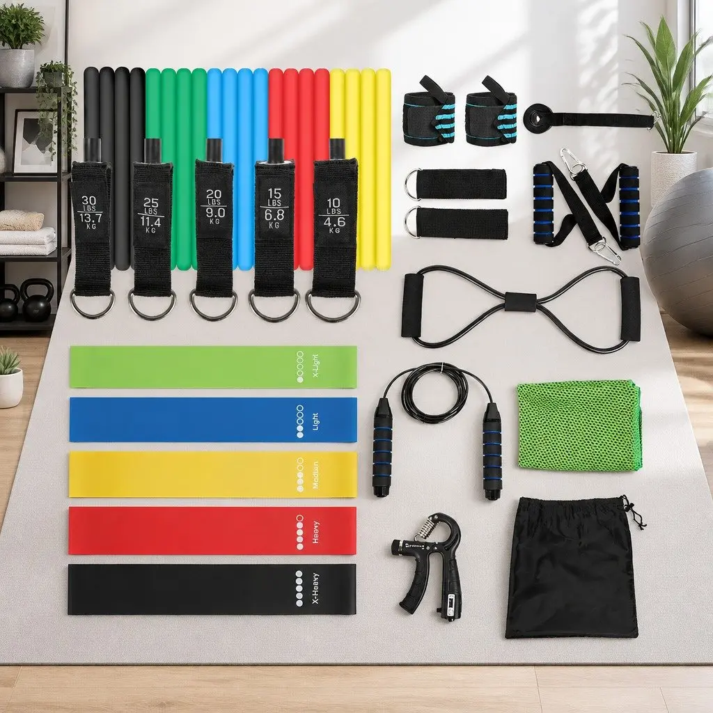 Resistance Bands Set Multi-Colour with Jump Rope Handles Door Anchor for Home Workouts