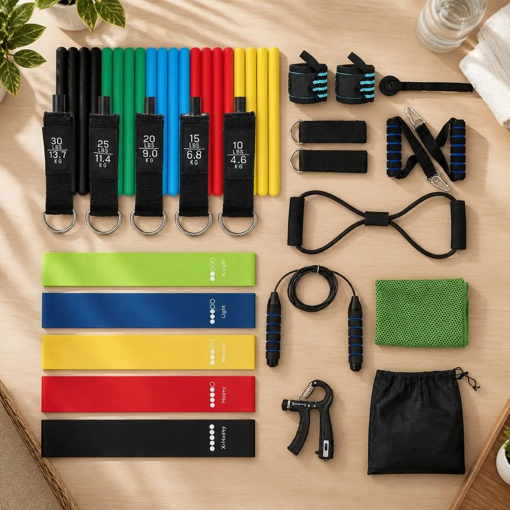Resistance Bands Set Multi-Colour with Jump Rope Handles Door Anchor for Home Workouts