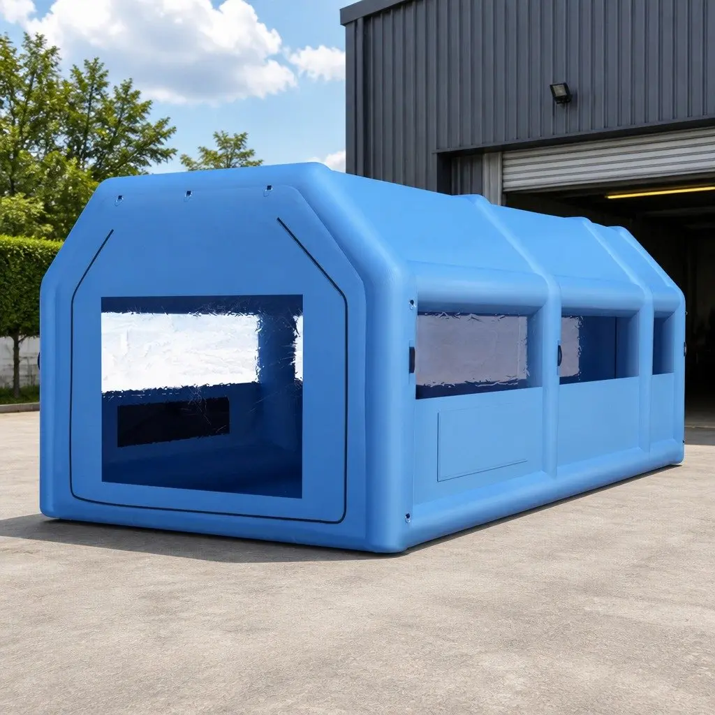 Inflatable Paint Booth 201D Oxford Cloth 8.5x4.8m Navy Blue with Dual Blower System and 3-Layer Filtration for Automotive Painting Projects