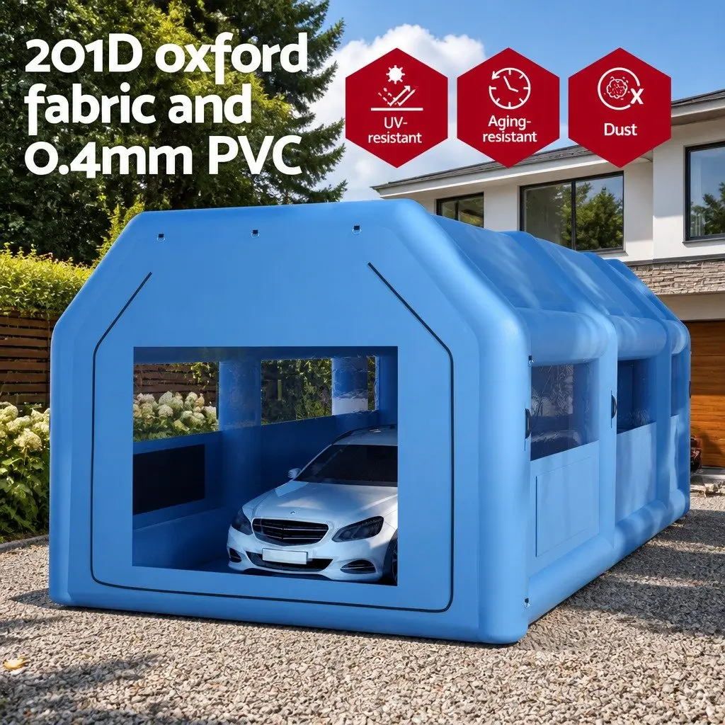 Inflatable Paint Booth 201D Oxford Cloth 8.5x4.8m Navy Blue with Dual Blower System and 3-Layer Filtration for Automotive Painting Projects