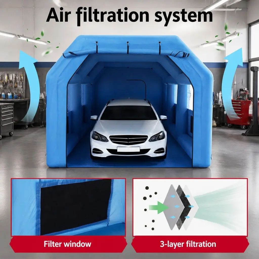 Inflatable Paint Booth 201D Oxford Cloth 8.5x4.8m Navy Blue with Dual Blower System and 3-Layer Filtration for Automotive Painting Projects