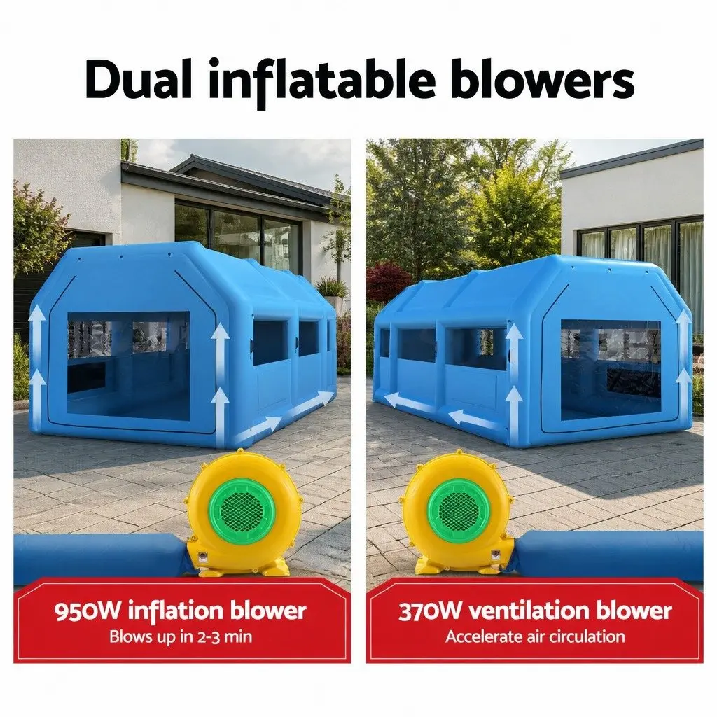 Inflatable Paint Booth 201D Oxford Cloth 8.5x4.8m Navy Blue with Dual Blower System and 3-Layer Filtration for Automotive Painting Projects