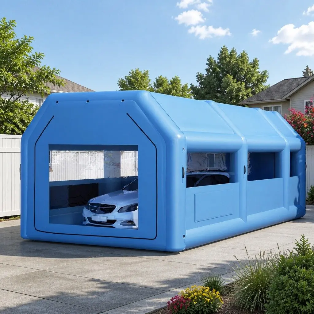Inflatable Paint Booth 201D Oxford Cloth 8.5x4.8m Navy Blue with Dual Blower System and 3-Layer Filtration for Automotive Painting Projects