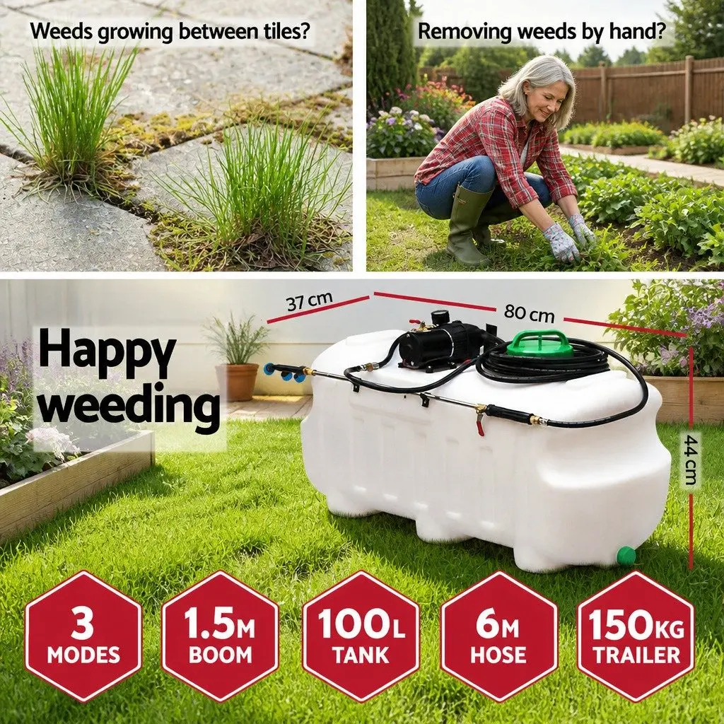 Weed Sprayer 100L Tank Trailer 1.5M Boom Black Garden Spray System