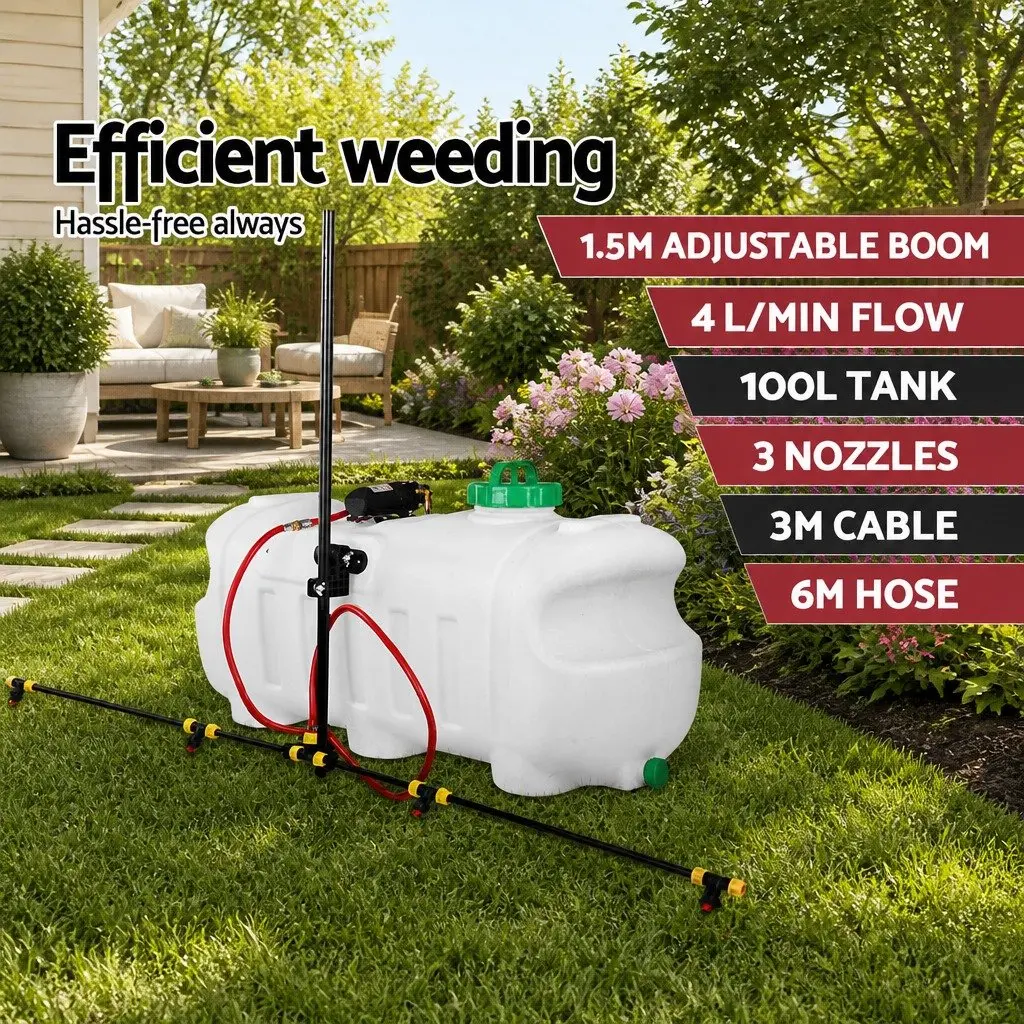 100L Weed Sprayer Tank Boom Spray Gun Adjustable Multi-Nozzle White