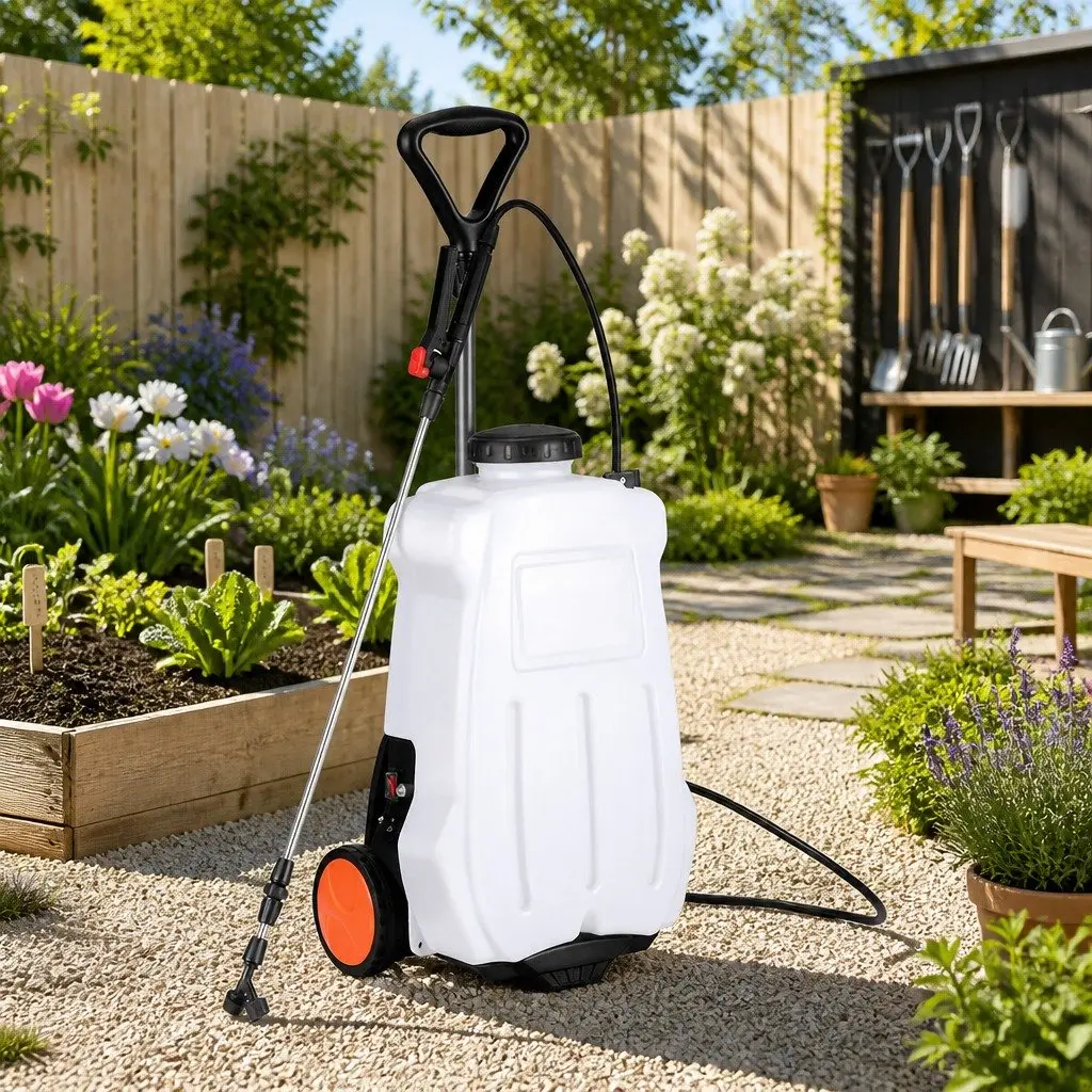 Electric Backpack Sprayer 20L PE White and Black Trolley with Stainless Steel Wand and Four Nozzle Heads