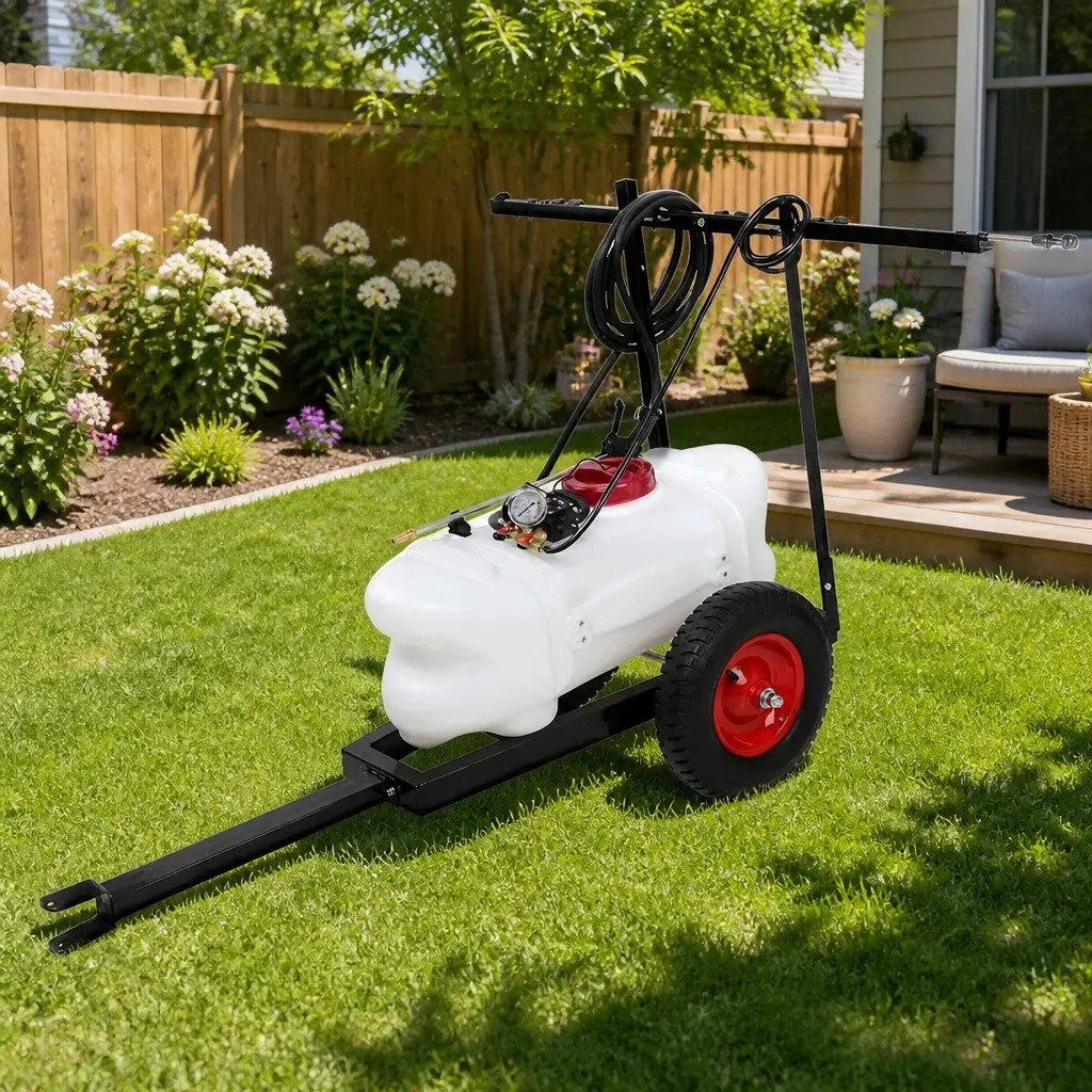 60L Weed Sprayer Trailer with Rear Boom and Handheld Spray Gun 12V Pump Adjustable Black Garden Equipment