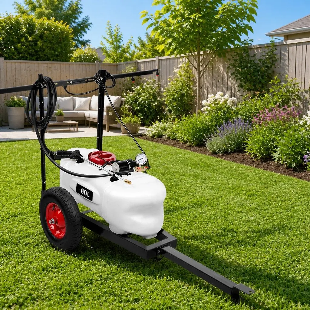 60L Weed Sprayer Trailer with Rear Boom and Handheld Spray Gun 12V Pump Adjustable Black Garden Equipment