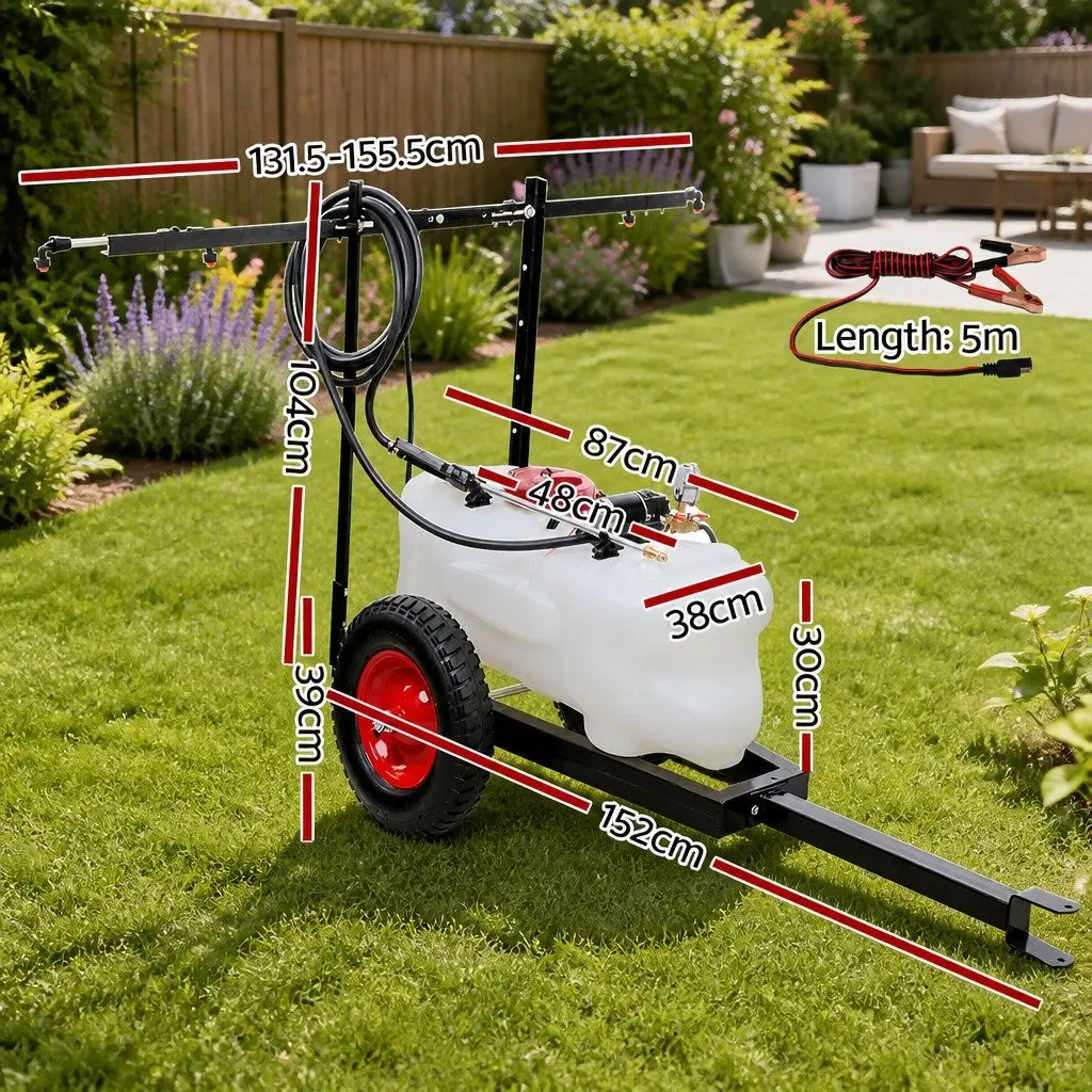 60L Weed Sprayer Trailer with Rear Boom and Handheld Spray Gun 12V Pump Adjustable Black Garden Equipment