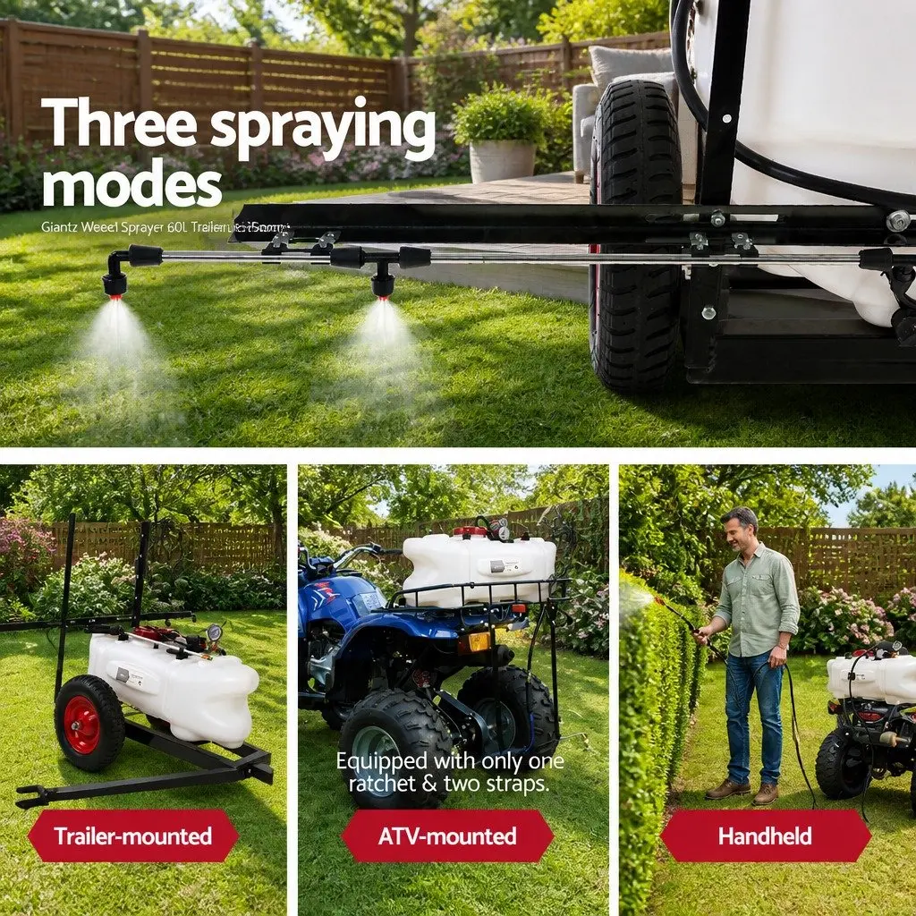 60L Weed Sprayer Trailer with Rear Boom and Handheld Spray Gun 12V Pump Adjustable Black Garden Equipment