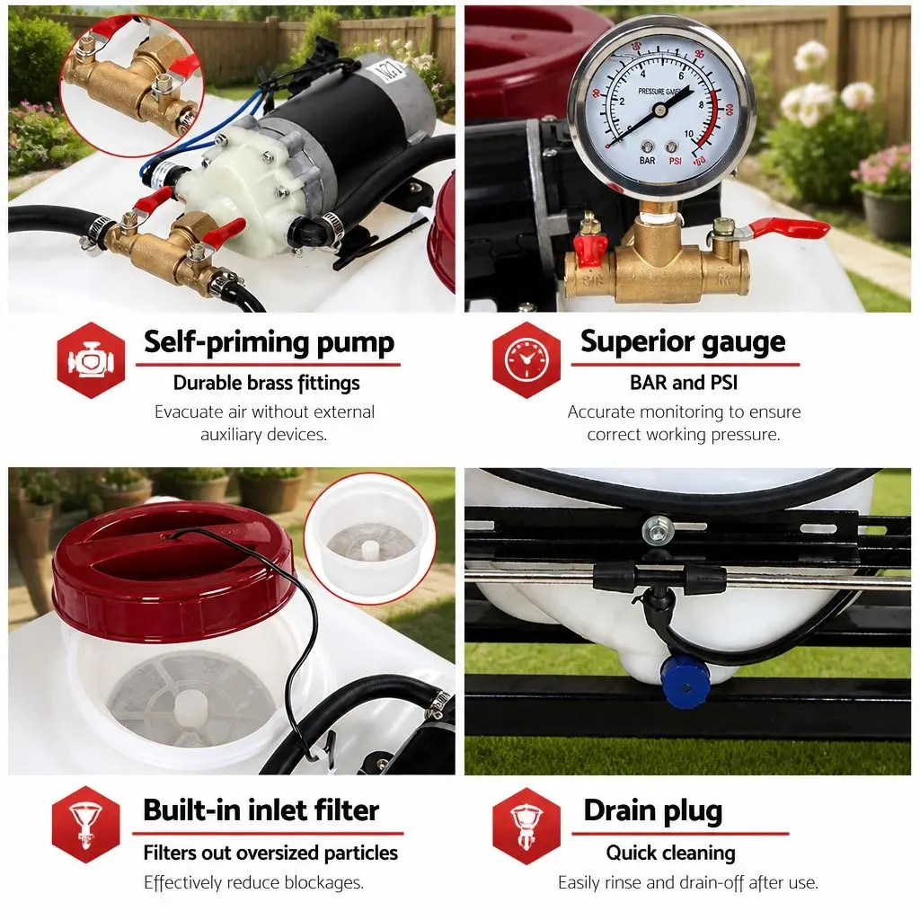 60L Weed Sprayer Trailer with Rear Boom and Handheld Spray Gun 12V Pump Adjustable Black Garden Equipment