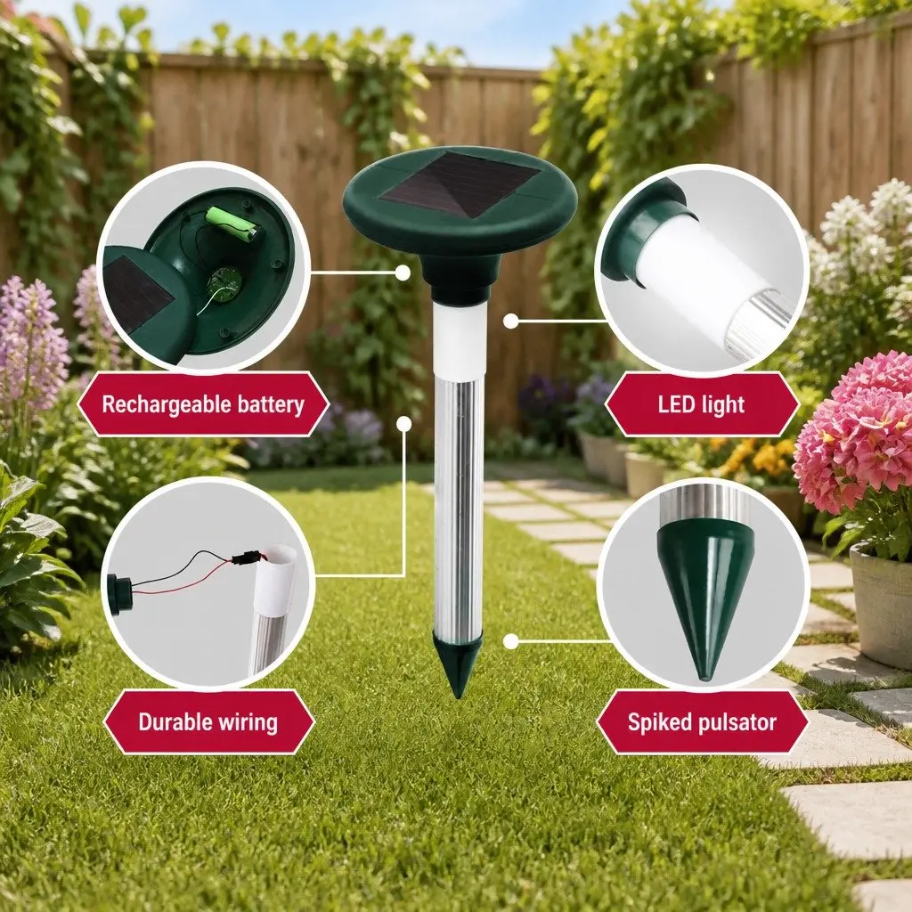 LED Solar Snake Repeller Ultrasonic Pest Deterrent Black 6 Piece