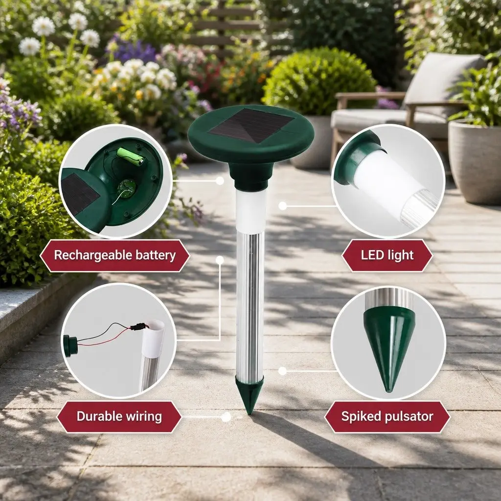 Solar Snake Repeller 8 Piece Heavy Duty ABS Plastic Green LED Ultrasonic Pest Deterrent