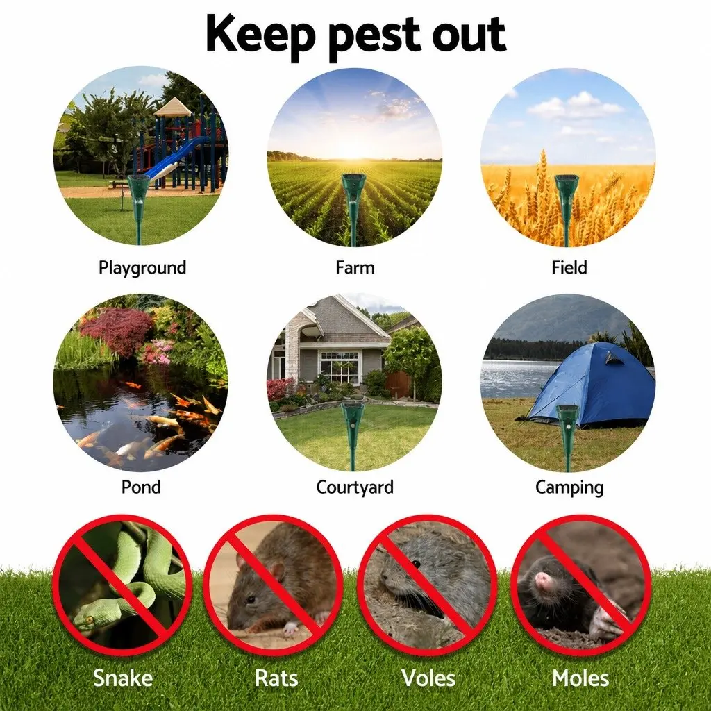 Solar Snake Repeller 8 Piece Heavy Duty ABS Plastic Green LED Ultrasonic Pest Deterrent