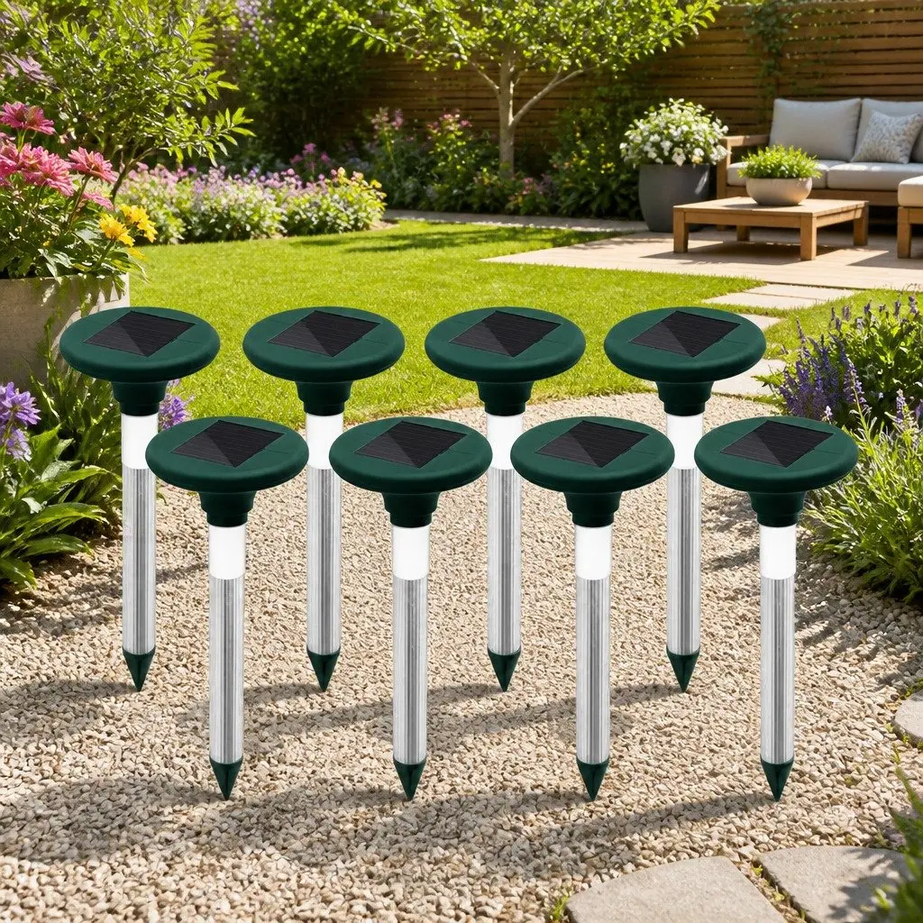 Solar Snake Repeller 8 Piece Heavy Duty ABS Plastic Green LED Ultrasonic Pest Deterrent