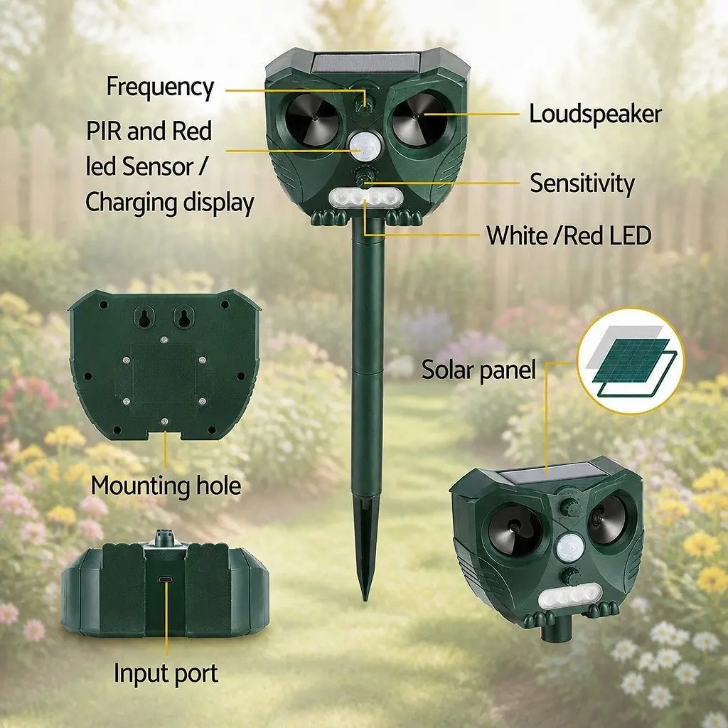 Ultrasonic Animal Deterrent Solar Powered Green Heavy Duty ABS Plastic 15cm x 7cm Garden Yard Farm Repeller