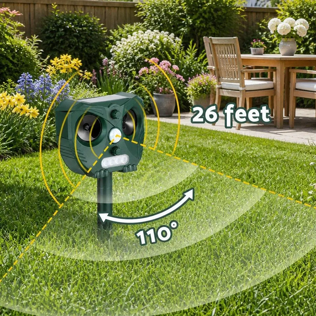 Ultrasonic Animal Deterrent Solar Powered Green Heavy Duty ABS Plastic 15cm x 7cm Garden Yard Farm Repeller