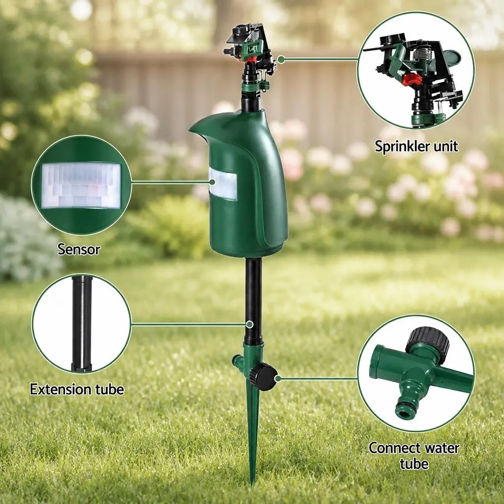 Outdoor Sprinkler Motion Sensor Animal Deterrent Green Garden Pest Repeller Battery Operated 110 x 610 mm