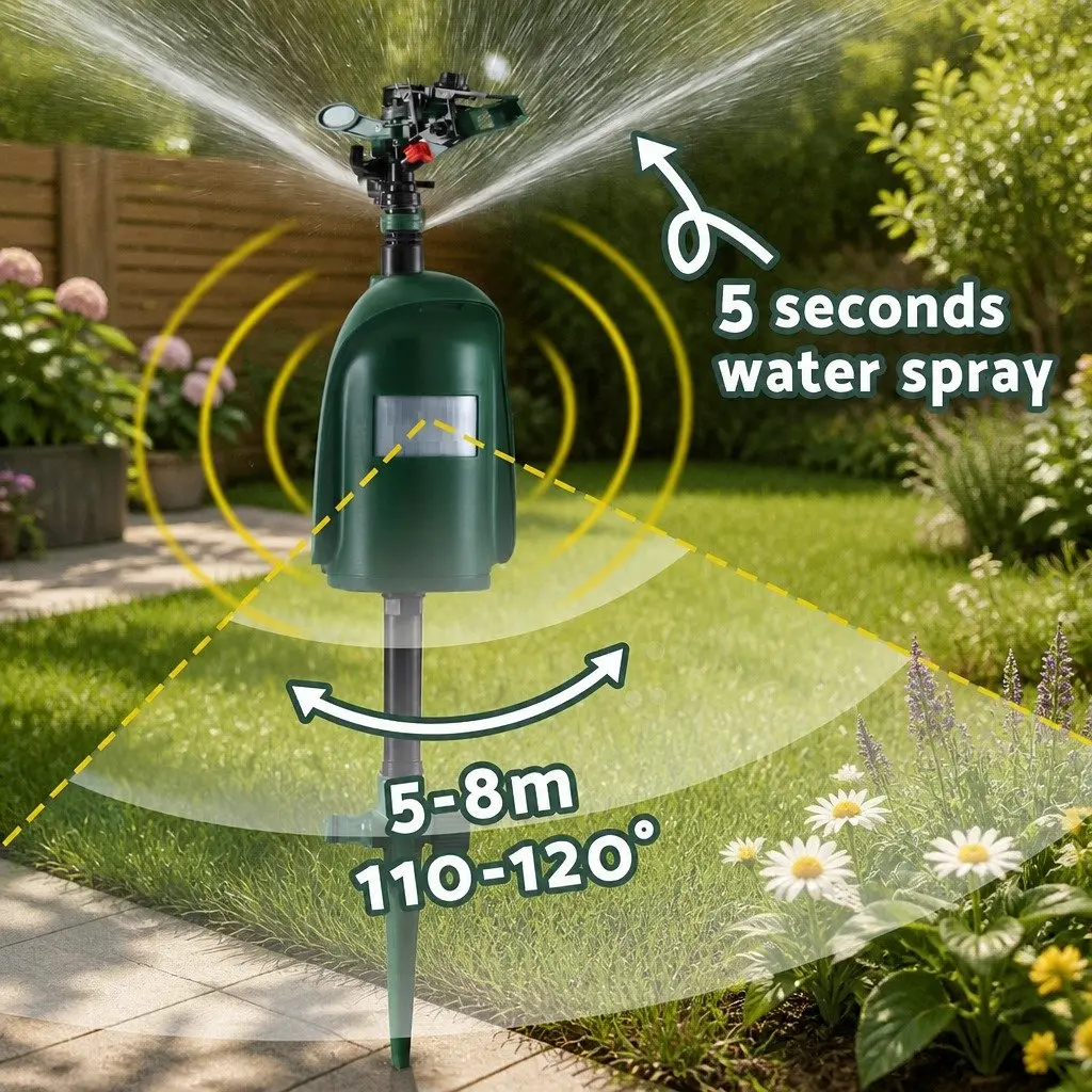 Outdoor Sprinkler Motion Sensor Animal Deterrent Green Garden Pest Repeller Battery Operated 110 x 610 mm