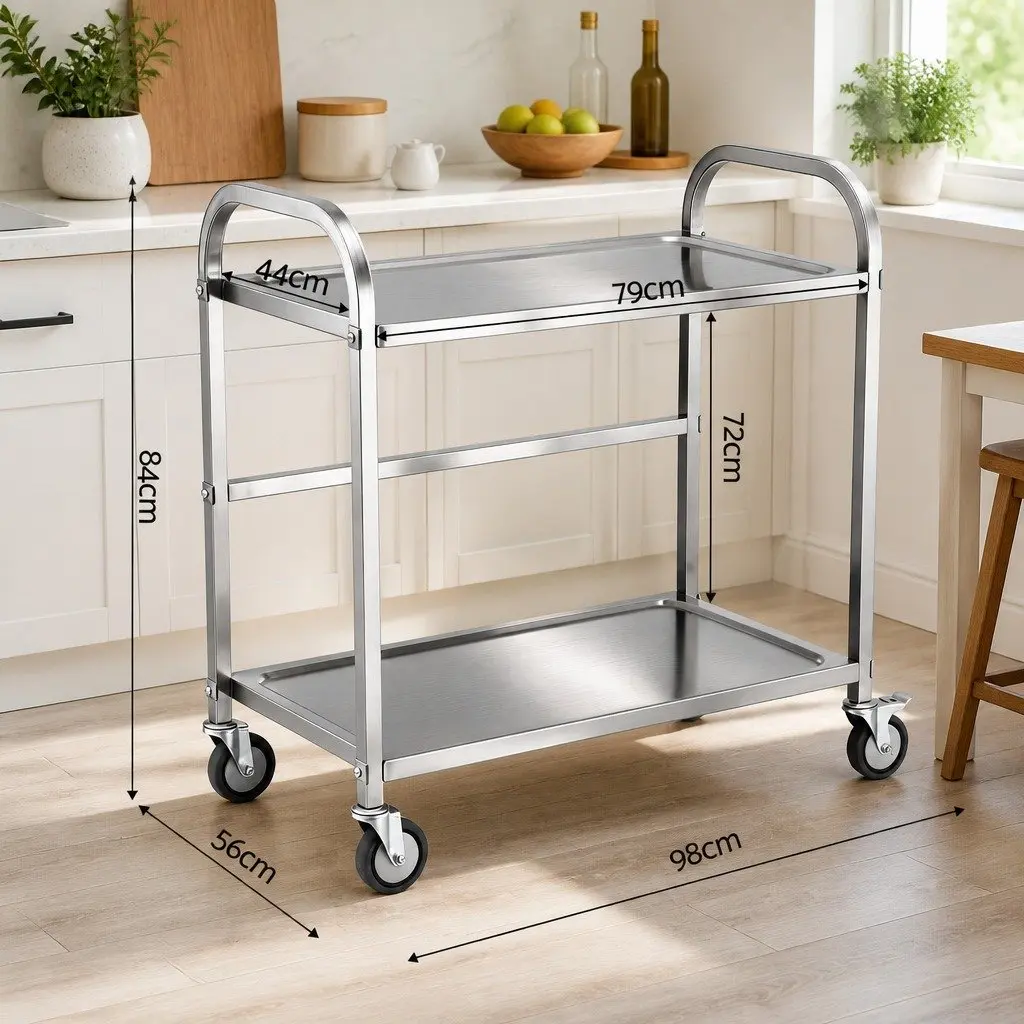 2-Tier Mobile Kitchen Trolley Stainless Steel with Lockable Castor Wheels Silver 84cm x 56cm x 98cm