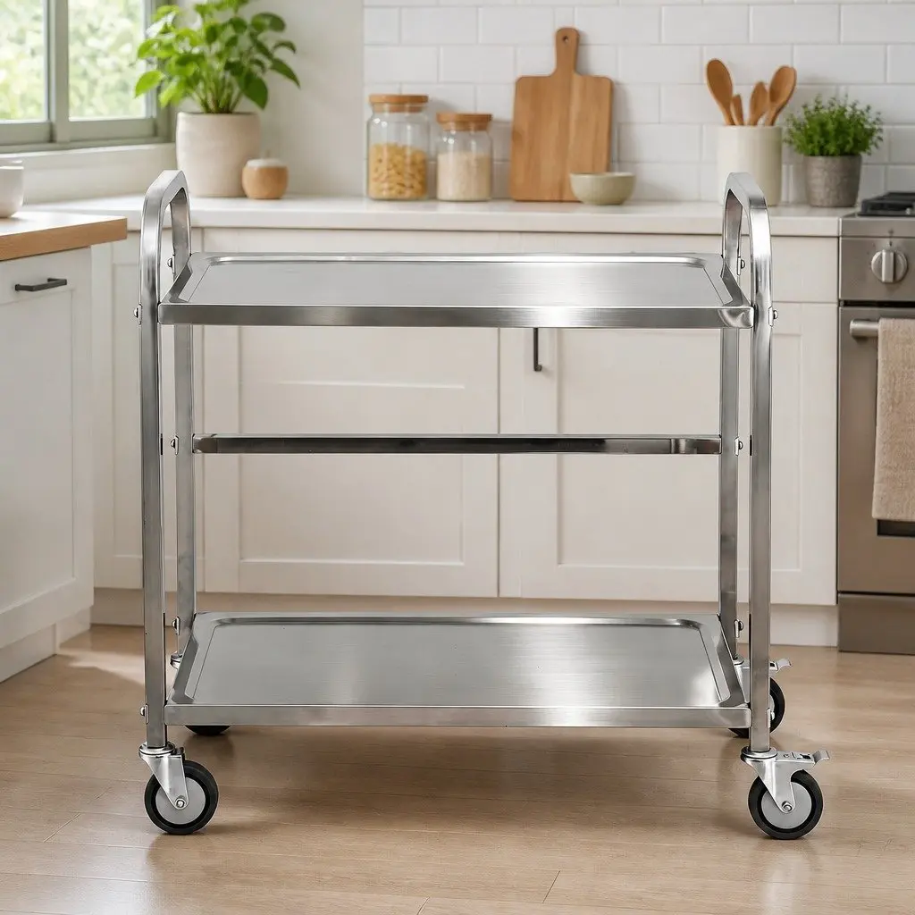 2-Tier Mobile Kitchen Trolley Stainless Steel with Lockable Castor Wheels Silver 84cm x 56cm x 98cm