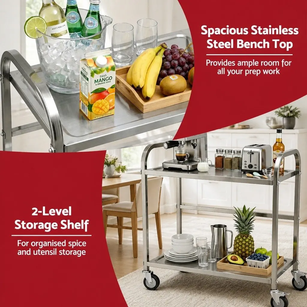 2-Tier Mobile Kitchen Trolley Stainless Steel with Lockable Castor Wheels Silver 84cm x 56cm x 98cm