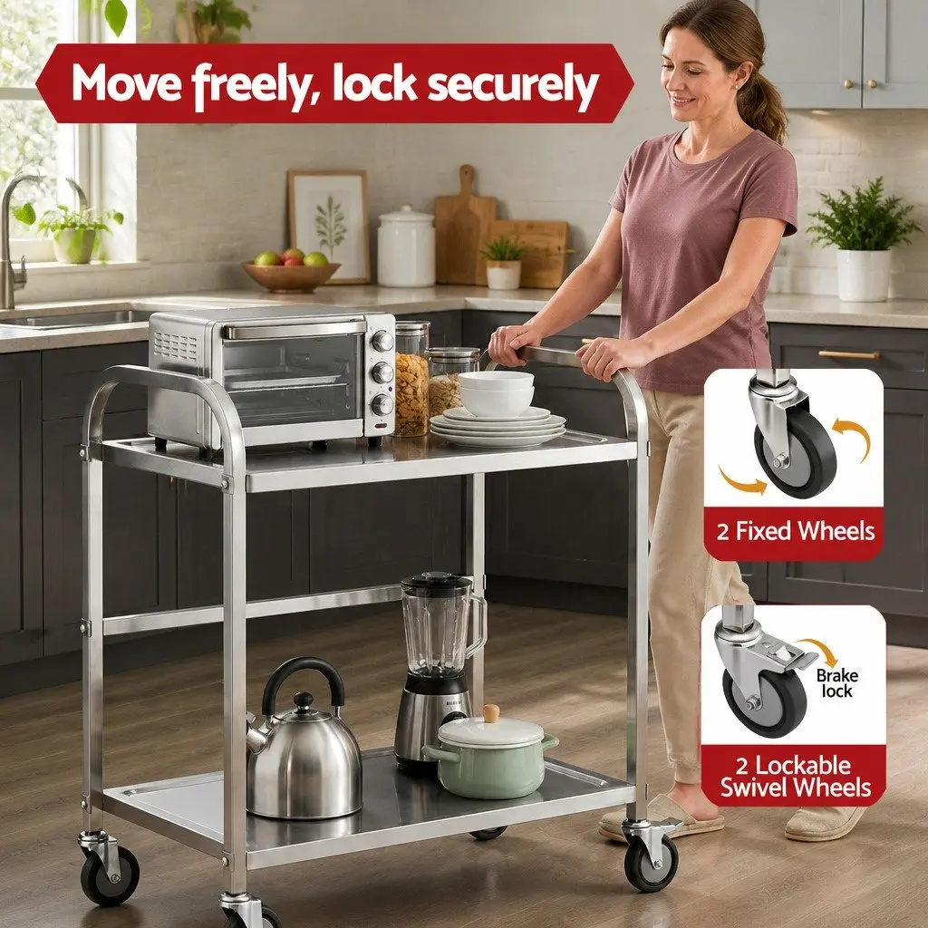 2-Tier Mobile Kitchen Trolley Stainless Steel with Lockable Castor Wheels Silver 84cm x 56cm x 98cm