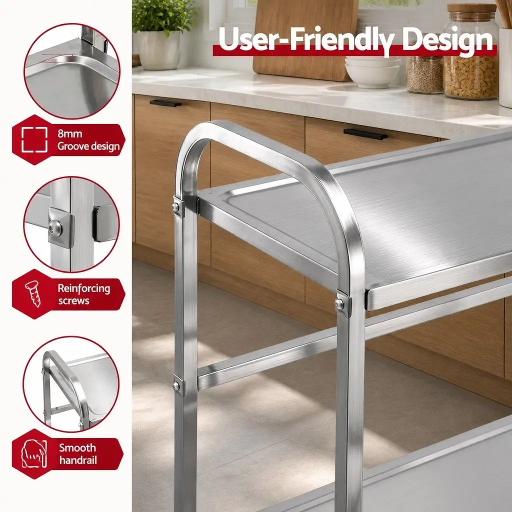 2-Tier Mobile Kitchen Trolley Stainless Steel with Lockable Castor Wheels Silver 84cm x 56cm x 98cm