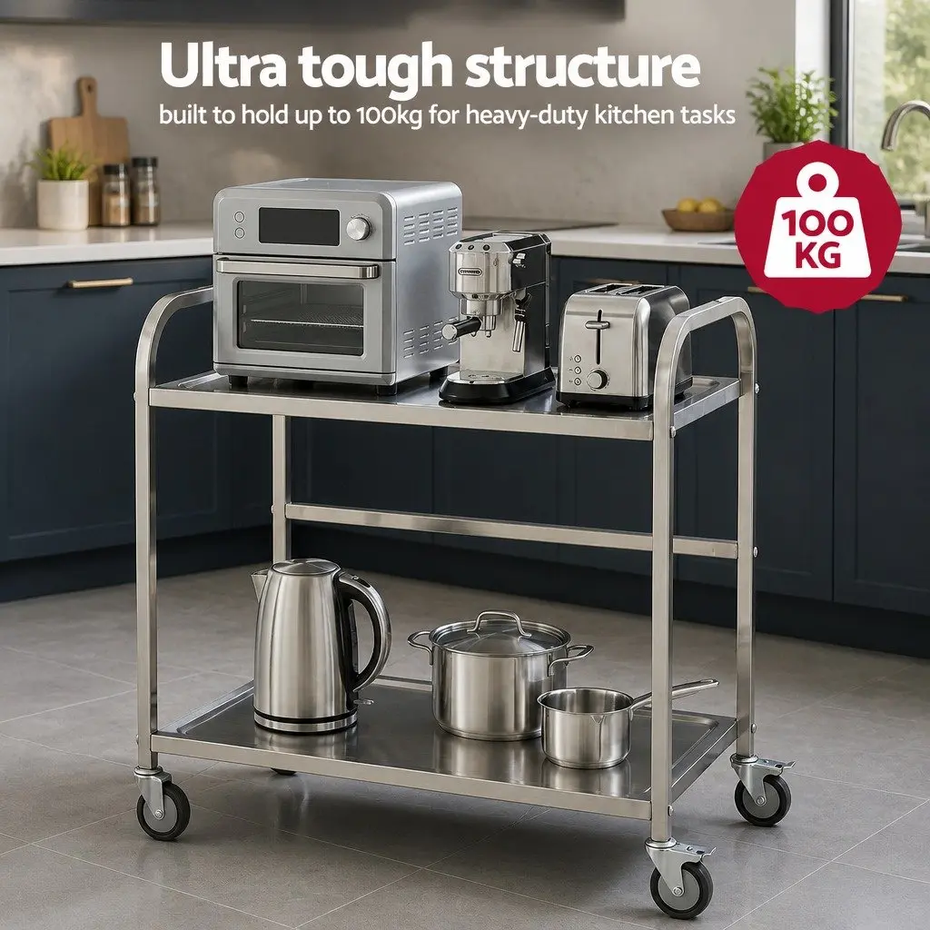 2-Tier Mobile Kitchen Trolley Stainless Steel with Lockable Castor Wheels Silver 84cm x 56cm x 98cm