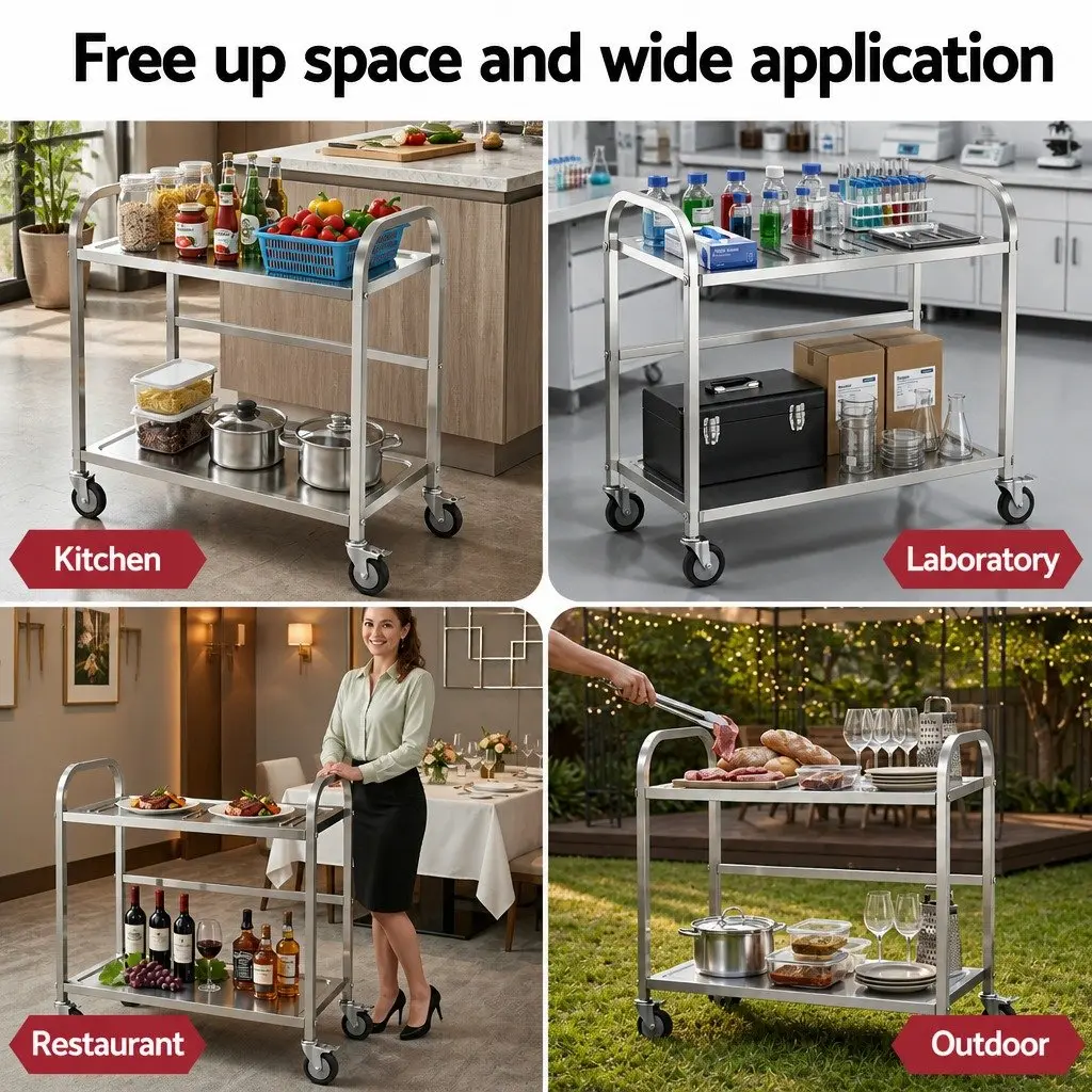 2-Tier Mobile Kitchen Trolley Stainless Steel with Lockable Castor Wheels Silver 84cm x 56cm x 98cm