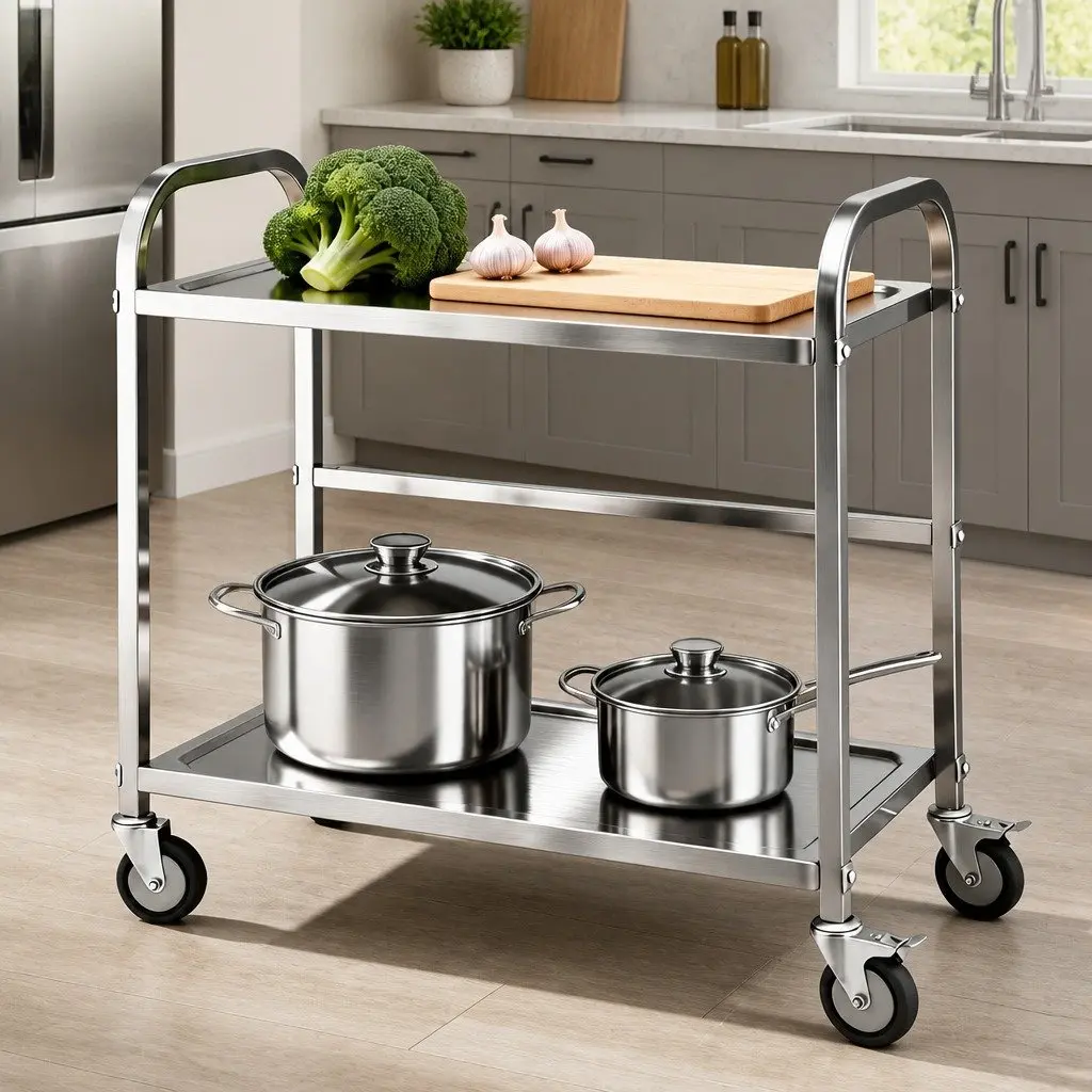 2-Tier Mobile Kitchen Trolley Stainless Steel with Lockable Castor Wheels Silver 84cm x 56cm x 98cm