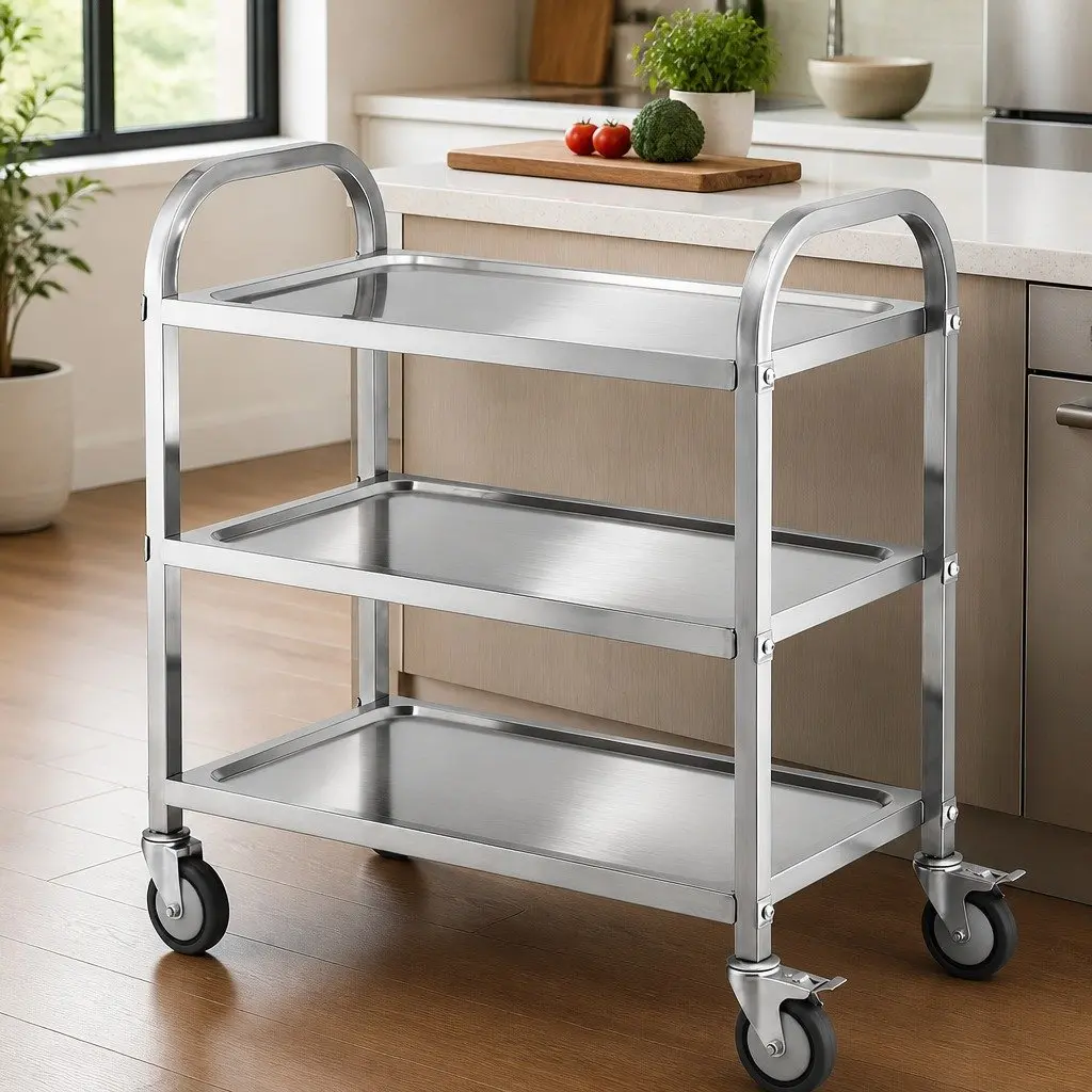 3-Tier Stainless Steel Kitchen Trolley Rolling Cart Service Bench Island Prep