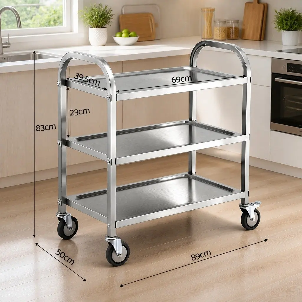 3-Tier Stainless Steel Kitchen Trolley Rolling Cart Service Bench Island Prep