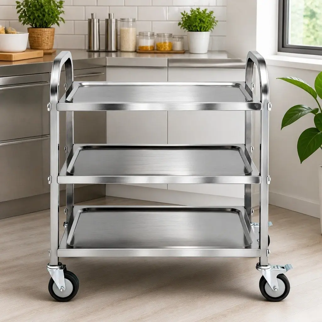 3-Tier Stainless Steel Kitchen Trolley Rolling Cart Service Bench Island Prep