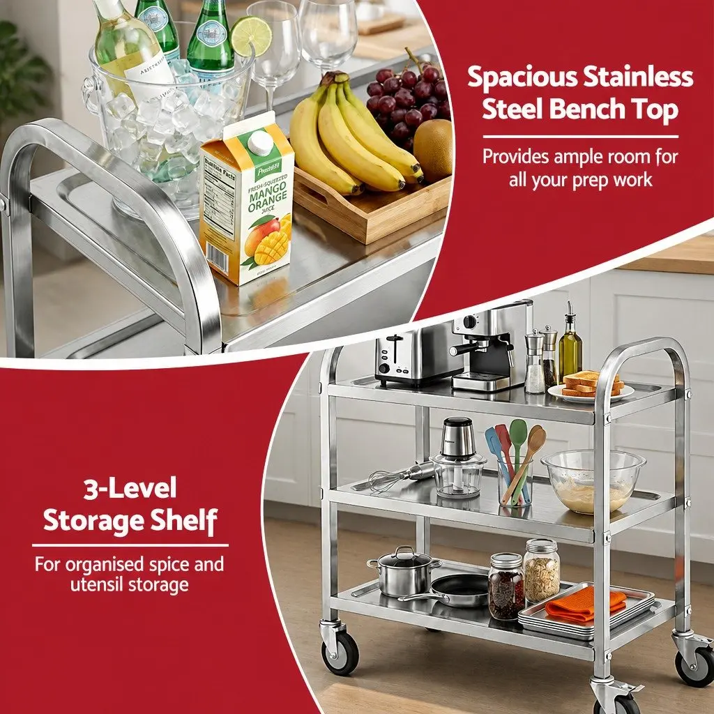 3-Tier Stainless Steel Kitchen Trolley Rolling Cart Service Bench Island Prep