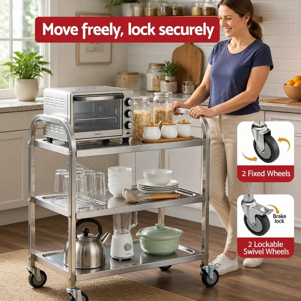 3-Tier Stainless Steel Kitchen Trolley Rolling Cart Service Bench Island Prep