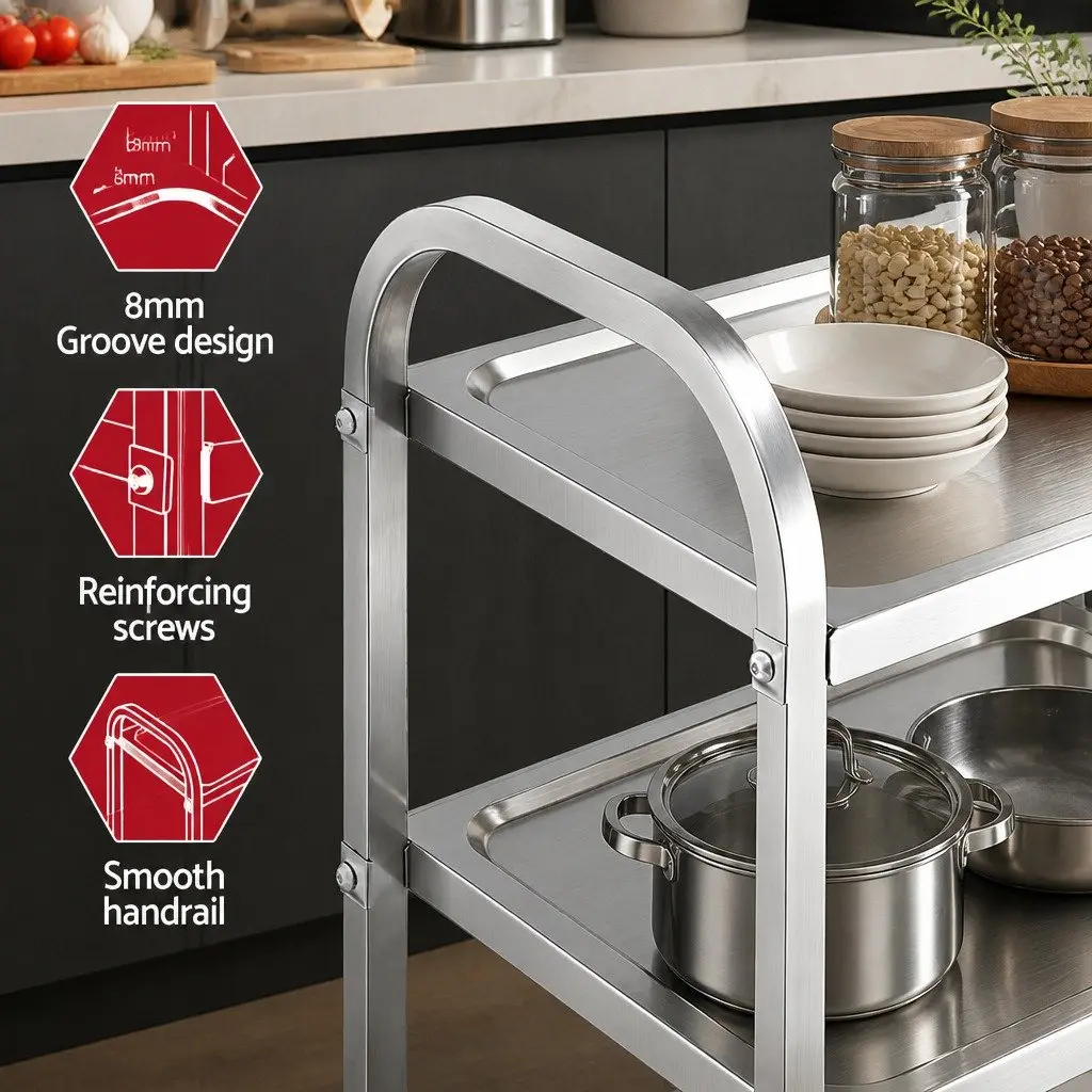 3-Tier Stainless Steel Kitchen Trolley Rolling Cart Service Bench Island Prep